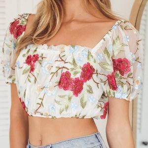 Floral Embroidered Puff Sleeve Crop Top - White with Pink Flowers